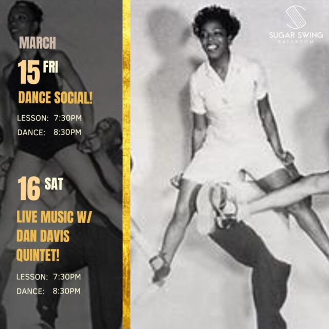 Friday March 15: Dance Social!
Saturday March 16:  Live Music w/ Dan Davis Quintet!
Happy Hour: $2 off drinks ‘till 8:30pm

Come out and have some fun dancing this Winter at our socials! Cozy up at our venue this Saturday with the sweet tunes of Dan Davis and his band! As usual, we have our complete beginner, no-partner-needed beginner lesson on both Friday and Saturday starting at 7:30pm!

Here is our class schedule;

Flamenco Technique: Mondays

Flamenco 1, 2, 3: Thursdays

Blues: Sundays

Swing 1 (Partners): Sundays, Wednesdays, Thursdays
Swing 1 (Rotating): Sundays, Mondays, Wednesdays

Swing 2 (Partners): Sundays
Swing 2 (Rotating): Sundays, Mondays, Wednesdays

Swing 3: Wednesdays

House 1 & 2: Sundays

Jazz: Wednesdays

Tap 1 & 2: Sundays

Tap 3 & 4/5: Tuesdays

#sugarswing #sugarswingballroom #edmonton #danceclasses
#yeglindyhop #jazzdance #dance #yegswingdance #swingdance #lindyhop
#livemusic #jazzmusic #jazzquartet #jazzcombo #swingband
#dancecontest #lindyhopcontest #competition
#housedance  #tapclasses #jazzdanceclasses
#tapdance #yeg