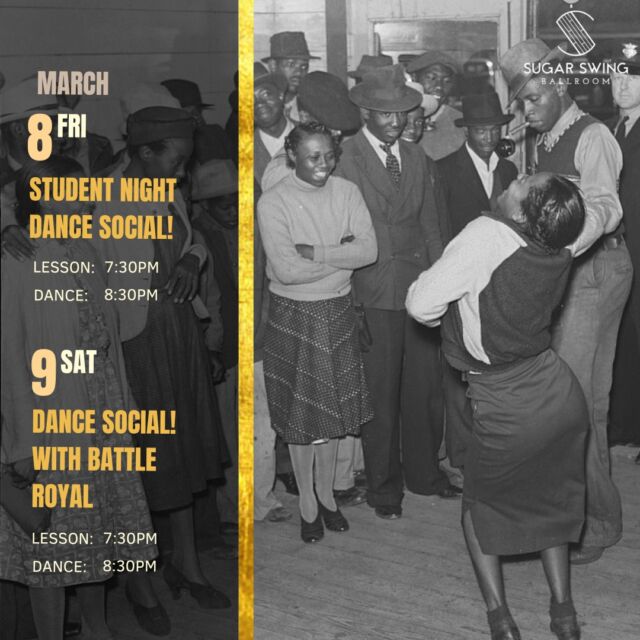 Friday March 8: Student Night!
Saturday March 9:  Dance Social Featuring: Mad Cat & Mad Kittens Battle Royale!
Happy Hour: $2 off drinks ‘till 8:30pm

Come out and have some fun dancing this Winter at our socials! This Friday will be a night perfect for students! Show your Student ID or Sugar Swing Registration at the door and get in for a clean $12 for both the lesson & dance! A great night of entertainment awaits all of you on Saturday as well: featuring a Mad Cat and Mad Kittens Battle Royale! Our two performance teams will be mixing their members and splitting into smaller groups to battle each other. There will be heat in the house! 
As usual, we have our complete beginner, no-partner-needed beginner lesson on both Friday and Saturday starting at 7:30pm! 

Here is our class schedule;

Flamenco Technique: Monday Feb 26

Flamenco 1, 2, 3: Thursdays

Blues: Sundays

Swing 1 (Partners): Sundays, Wednesdays, Thursdays
Swing 1 (Rotating): Sundays, Mondays, Wednesdays

Swing 2 (Partners): Sundays
Swing 2 (Rotating): Sundays, Mondays, Wednesdays

Swing 3: Wednesdays

House 1 & 2: Sundays

Jazz: Wednesdays

Tap 1 & 2: Sundays

Tap 3 & 4/5: Tuesdays

#sugarswing #sugarswingballroom #edmonton #danceclasses
#yeglindyhop #jazzdance #dance #yegswingdance #swingdance #lindyhop
#livemusic #jazzmusic #jazzquartet #jazzcombo #swingband
#dancecontest #lindyhopcontest #competition
#housedance  #tapclasses #jazzdanceclasses
#tapdance #yeg