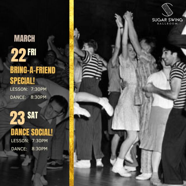 Friday March 22: Bring-a-Friend Special!
Saturday March 23:  Dance Social!

Friday March 29: Easter Dance Featuring: Pysanka Egg Decorating
Saturday March 30: Live Music Easter Party! Featuring: Capital Vice Quintet

Friday April 5: Musician Feature!
Saturday April 6: Dance Social!

April 12-13: Get both nights of live music this weekend for just $45! Featuring: Shigeta Swingtime Quartet

Come out and have some fun dancing this Winter at our socials! This Friday get 40% off your admissions if you bring a friend! Discount applies to both of you (or everyone you bring!). Saturday will be our typical night with our lovely deejays providing us with some groovy tunes! As usual, we have our complete beginner, no-partner-needed beginner lesson on both Friday and Saturday starting at 7:30pm! Happy Hour: $2 off drinks ‘till 8:30pm

Here is our class schedule;

Flamenco Technique: Mondays

Flamenco 1, 2, 3: Thursdays

Blues: Sundays

Swing 1 (Partners): Sundays, Wednesdays, Thursdays
Swing 1 (Rotating): Sundays, Mondays, Wednesdays

Swing 2 (Partners): Sundays
Swing 2 (Rotating): Sundays, Mondays, Wednesdays

Swing 3: Wednesdays

House 1 & 2: Sundays

Jazz: Wednesdays

Tap 1 & 2: Sundays

Tap 3 & 4/5: Tuesdays

#sugarswing #sugarswingballroom #edmonton #danceclasses
#yeglindyhop #jazzdance #dance #yegswingdance #swingdance #lindyhop
#livemusic #jazzmusic #jazzquartet #jazzcombo #swingband
#dancecontest #lindyhopcontest #competition
#housedance  #tapclasses #jazzdanceclasses
#tapdance #yeg