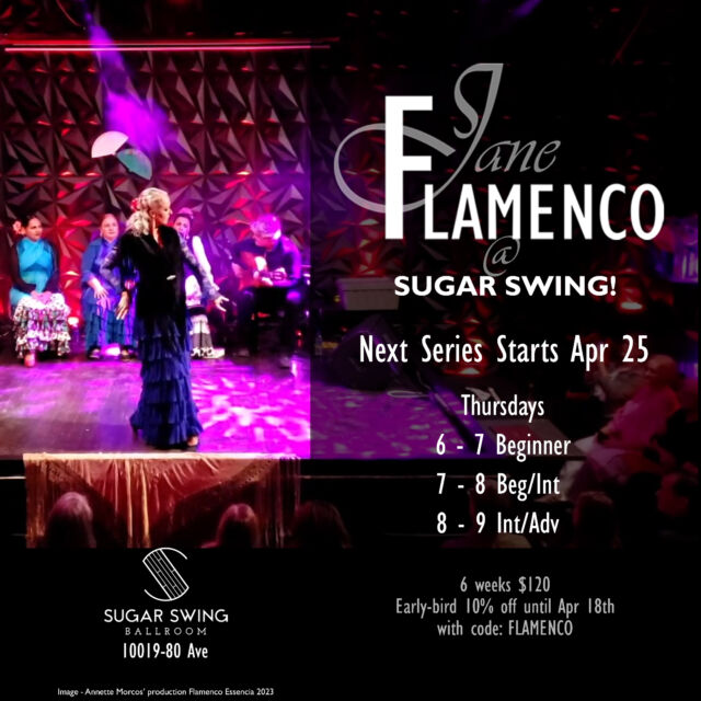 NEXT SERIES of flamenco at Sugar Swing starts April 25th!

Join @flamenco_jane and a passionate welcoming community of flamencos. Learn flamenco terminology, rhythm, music, and structure as you hone your skills dancing, clapping, and improvising within this Spanish artform.

Early-bird deadline Apr 18th - 10% off with code FLAMENCO
.
.
.
.
.
.
.
📷 from Annette Morcos' production Flamenco Esencia 2023

#yegarts #yegdance #flamencocanada #flamencojane #yegflamenco #canadaflamenco #flamencoalberta #flamenco #canadadance #exploreedmonton #yeggers #danceclasses #sugarswing #sugarswingballroom