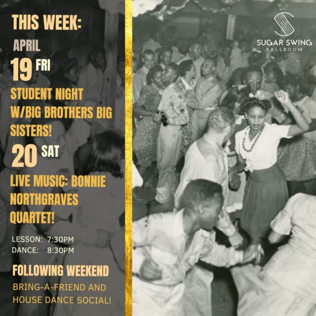 Friday April 19: Student Night + Partnership with Big Brothers Big Sisters!
Saturday April 20: Live Music Featuring: Bonnie Northgraves Quartet!

Friday April 26: Bring-A-Friend Friday!
Saturday April 27: Rhythm & Sole Social!

May 3: Open House!
May 4: Dance Social!

Come out and have some fun dancing this Spring at our socials! If in school or taking classes at Sugar Swing, show your Student ID or registration email and get in for a clean $12 for both the lesson & dance! Ready for more live music? Come on Saturday as we welcome, All the way from Vancouver, Bonnie Northgraves and her quartet! They have played extensively for that scene's Lindy Hoppers, and we are very excited to have them! As usual, we have our complete beginner friendly, no-partner-needed lesson on both Friday and Saturday starting at 7:30pm! 

Summer schedule is now up and classes are filling up! Make sure to read up as we have some changes from our typical schedule!

Flamenco 1, 2, 3: Thursday Apr 25

Blues: Sunday May 26

Swing 1 (Partners): Sunday May 26, Wednesday May 15, Thursday June 6
Swing 1 (Rotating): Sunday May 26, Monday May 13, Wednesday May 15

Swing 2 (Partners): Sunday May 26, Wednesday May 15
Swing 2 (Rotating): Sunday May 26, Monday May 13, Wednesday May 15

Swing 3: Monday May 13

House 1 & 2: Sunday May 26

Jazz: Monday May 13

Tap 1 & 2: Sunday May 26

Tap ¾ - Summer Intensive: Tuesday June 25

#sugarswing #sugarswingballroom #edmonton #danceclasses
#yeglindyhop #jazzdance #dance #yegswingdance #swingdance #lindyhop
#livemusic #jazzmusic #jazzquartet #jazzcombo #swingband
#dancecontest #lindyhopcontest #competition
#housedance #tapclasses #jazzdanceclasses
#tapdance #yeg