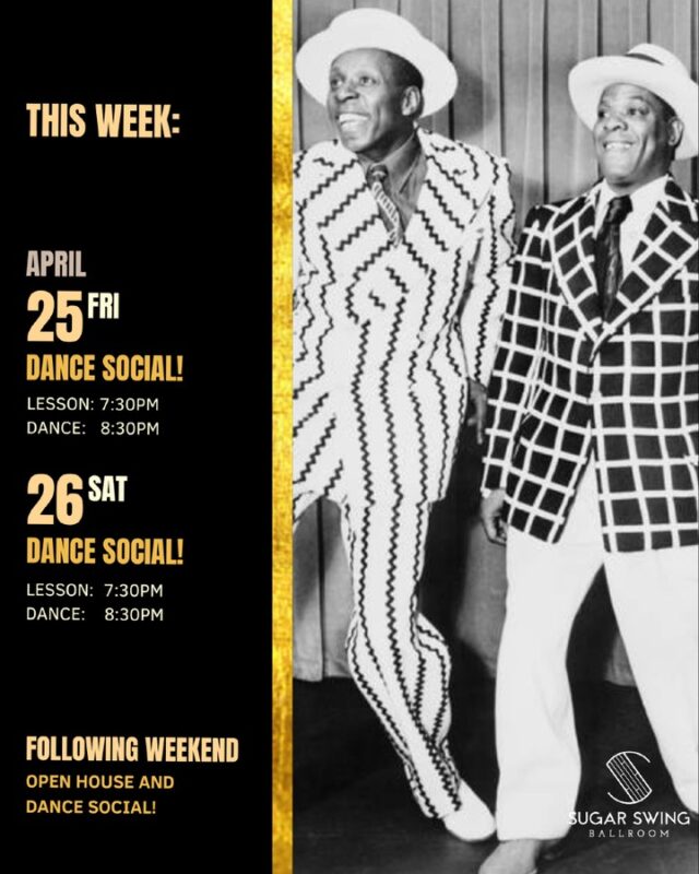 ✨Upcoming Social Dances✨

We have two beginner-friendly Dance Socials coming up this weekend and we can't wait to have you on our dance floor! 🙌🏼 On Friday, April 25 and Saturday, April 26, we’ll be hosting our classic Dance Socials – a great space to enjoy music, connect with others, and dance the night away. Each night kicks off with a beginner drop-in lesson at 7:30pm, followed by social dancing at 8:30pm.

And mark your calendars – our Open House is happening next week! Come check out a variety of dance styles with a series of fun 20-minute taster lessons, social dancing, and a chance to meet the community. It’s free to attend, so bring a friend or two and come see what we’re all about!

Have a great week, everyone, and see you on the dance floor! 🪩