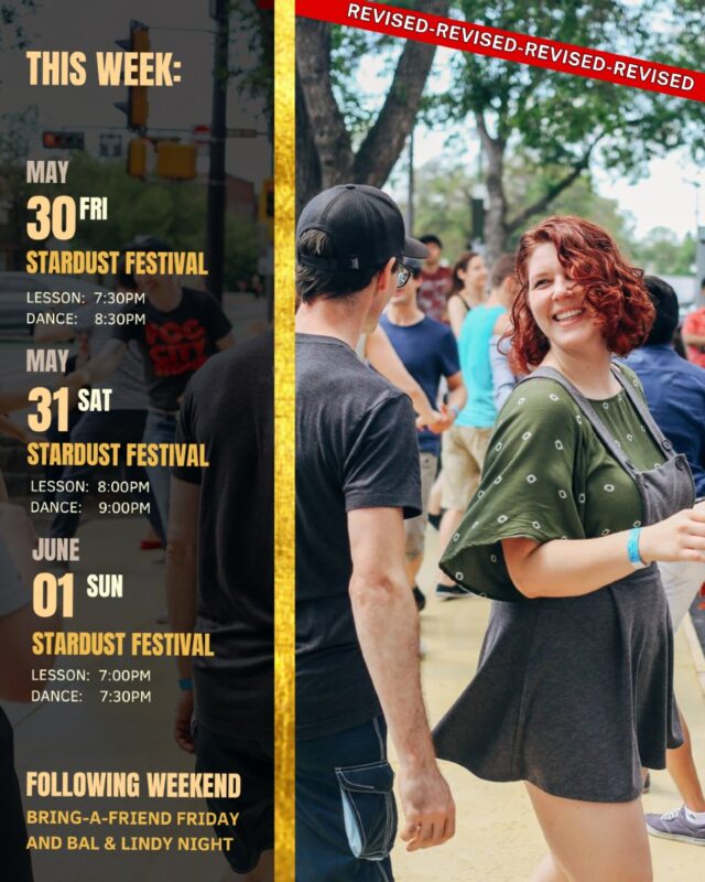 UPDATED: ✨Upcoming Social Dances

It’s Stardust Festival weekend, and incredible live music is calling! 🌟

Here’s what’s coming up:
🪩 Stardust Festival social dances run all weekend long. Friday at 8:30pm with a beginner drop-in lesson at 7:30pm, Saturday at 9:00pm with a lesson at 8:00pm, and Sunday at 7:30pm with a lesson at 7:00pm. 

Because it's Stardust Festival, we recommend grabbing your tickets early to guarantee your spot 🎟️ All are welcome, so if it’s your first time dancing, we encourage you to join us, whether you come solo or bring a friend!

There will be plenty of daytime activities happening too. To learn more, head over to @stardustfestival_ca for all the details.

We can’t wait to see you out there dancing! 💫