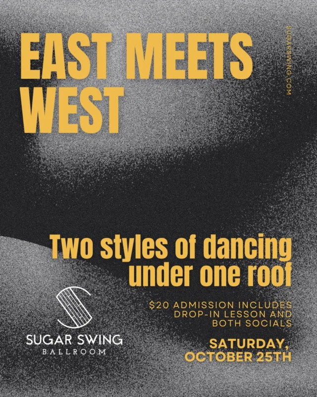 Tomorrow, October 25, Sugar Swing is hosting something special - a night that brings all the big swing dance styles together in one space.

You’ll have access to two full floors of dancing for just $20 admission, which also includes our regular beginner-friendly Lindy Hop drop-in lesson at 7:30 PM and the social dance starting at 8:30 PM.

On the main floor, enjoy an evening of Lindy Hop with all the usual Sugar Swing energy you know and love. Upstairs, join Kevin, Irina, and crew for West Coast Swing, Ballroom Jive, and East Coast Swing.

Expect fun lighting, great music, and a welcoming atmosphere that celebrates how these styles connect and influence each other.

Whether you’re a Lindy Hopper curious about West Coast, or a Ballroom dancer wanting to try Lindy Hop, this is your chance to explore, connect, and dance with a wider community.