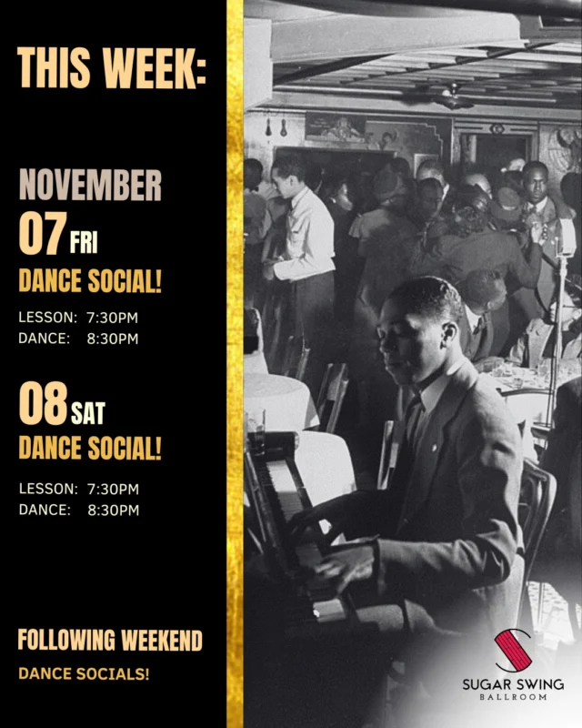 ✨Upcoming Social Dances

We have two beginner-friendly socials coming up this weekend and can’t wait to see you on the dance floor! 🙌🏼

On Friday, join us for a classic Dance Social with a drop-in lesson at 7:30pm and social dancing starting at 8:30pm. It’s the perfect chance to meet new people, enjoy great music, and dance the night away.

Then on Saturday, we’re keeping the good vibes going with another Dance Social! Same times, same energy, and a whole new night of fun.

No partner needed - just bring your curiosity and your dancing shoes. 💃🕺
See you this weekend at Sugar Swing Ballroom! 🪩