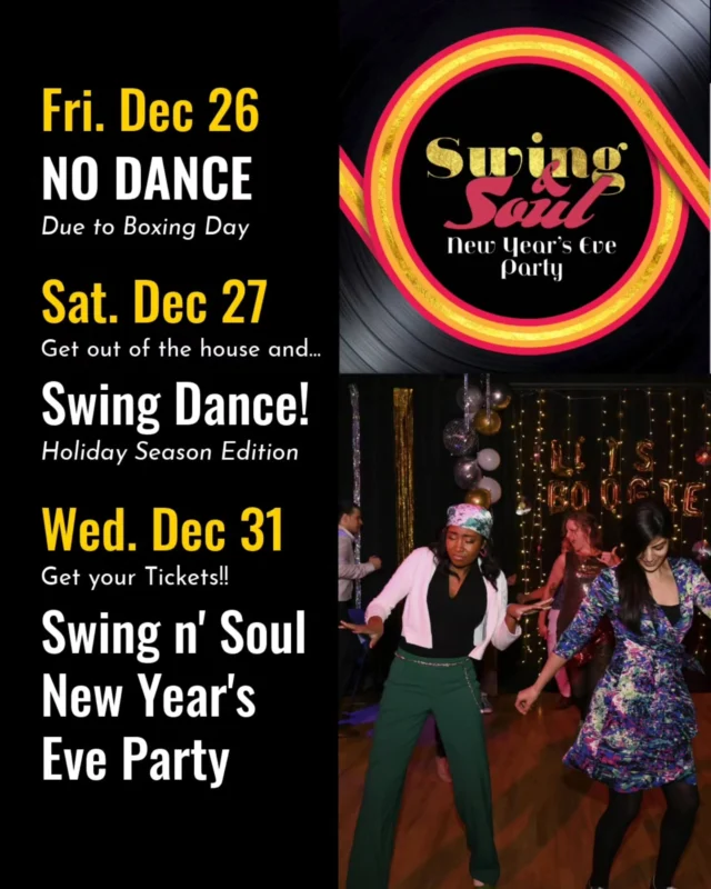 Our biggest party of the year is almost here, and we are busy preparing for our epic swing and soul themed NYE! Featuring live music by @bradshigeta , a highly anticipated performance from the Mad Kittens, a late lunch, a beginner lesson, the countdown, and more. 8pm lesson, 9pm-1am+ party, $65, sugarswing.com/register/tickets. 1960s/soul outfits encouraged.. or just wear something fancy.  See ya there! 

No dances on Fridays Dec 26 & Jan 2, but come on out on Saturdays Dec 27 & Jan 3 to start working off that Christmas dinner 🍗. 1hr lesson at 730pm, dance 830pm-11:30pm+