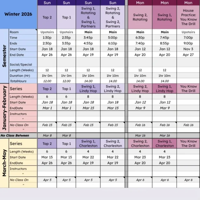 Happy New Year everyone! Here's our current 2026 schedule, with classes starting January 12-18! You can register at sugarswing.com/register. 
👉 Open House on January 9th with taster classes