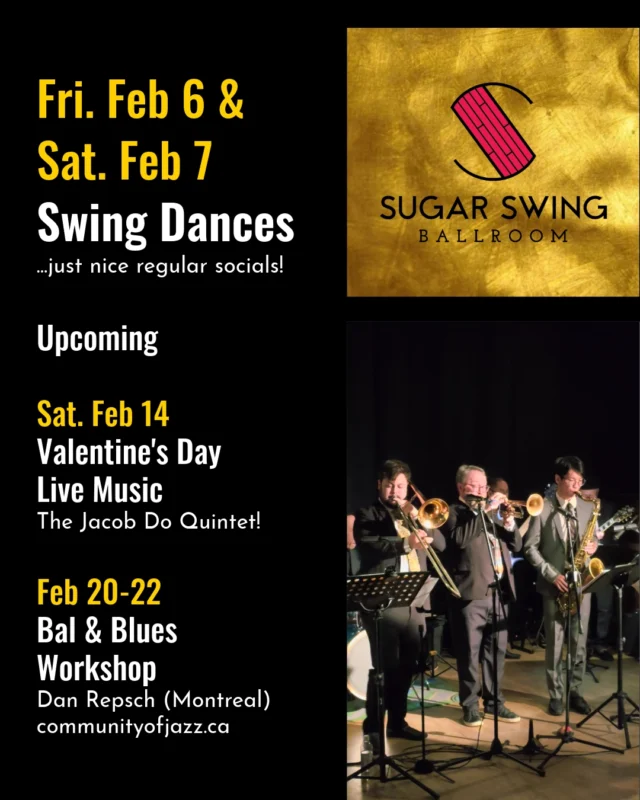 February is the best for dancing! Get out of your home this weekend and join us for fun regular social dance vibes. Come out next weekend for the live music upstairs ft The Jacob Do Quintet on Valentines Day. PS - Be sure to register for the Balboa and Blues workshop Feb 20-22!
