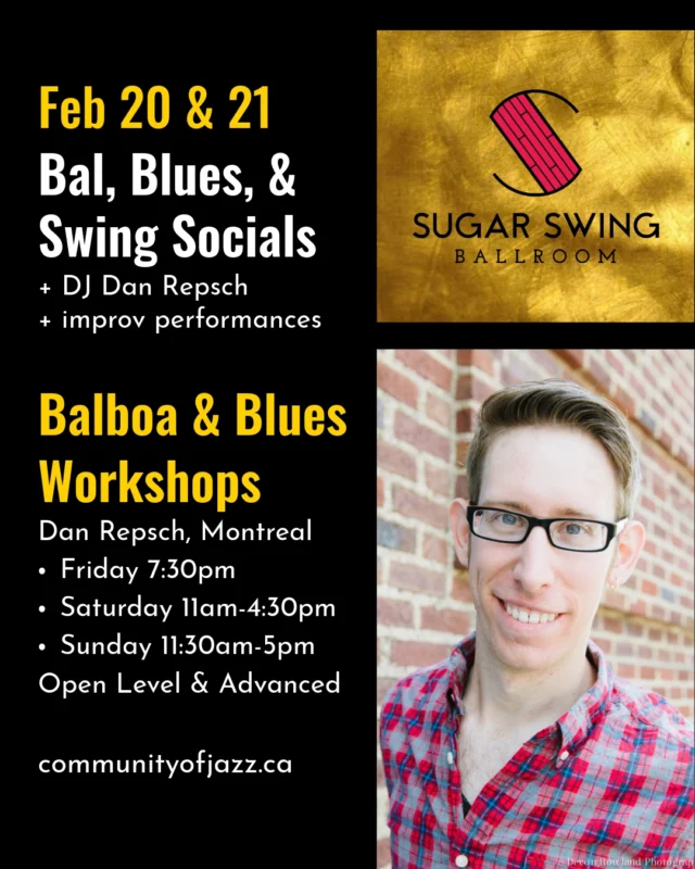 @danielrepsch (Montreal) comes to Edmonton this weekend to teach Balboa and Blues workshops! Don't miss out, there's still time to sign up: a la carte & weekend passes available at communityofjazz.ca. He is a highly respected DJ and will also be deejaying at our socials!