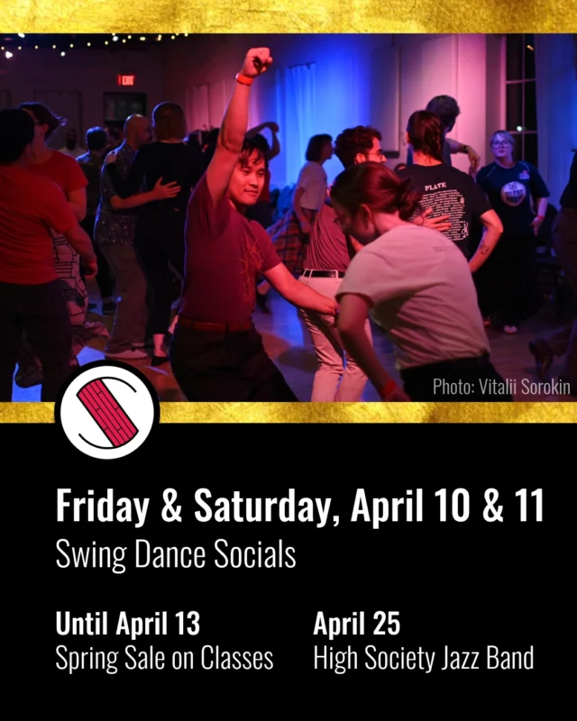 🌼 Spring Sale Alert! Enjoy 15% off until Monday, April 13th with the code SPRINGSALE. This weekend, join us for our lively socials on Friday and Saturday! It's the perfect chance to unwind, connect, sip on a drink, groove to fresh tunes, and dance the night away! 

📅 7:30pm - Drop-in lesson
🕗 8:30pm onward - Social dance

🎭 Mark your calendars for these exciting events:
➡️ April 18th - Improv Performances
➡️ April 25th - High Society Jazz Band
➡️ May 8th - Open House
➡️ May 16th - Mboya Nicholson Sextet
➡️ May 22-24 - FootNotes Jazz & Tap Fest (Montreal)
➡️ June 5-7 - Prairie Lindy Exchange
