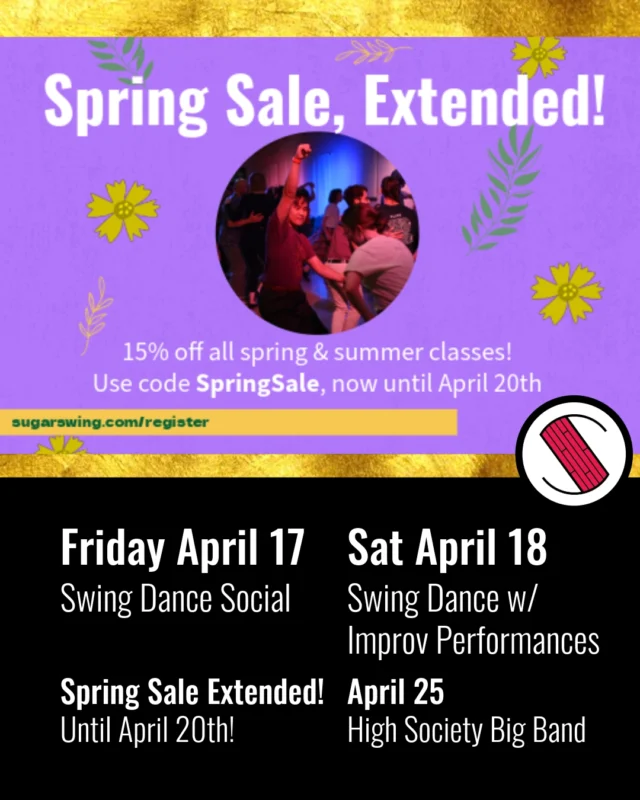 🎭 Join us this Saturday with our Improv performances,(this time featuring our host Turlough)! Plus, more great news: Our Spring Sale has been extended until Monday due to some good updates to our Sunday classes with the addition of Tap and ending a week earlier!

No partner? No problem! Perfect for beginners and first-timers alike!

🕢 7:30 PM - Join our drop-in lesson!
🕗 8:30 PM - Social dance kicks off!
🌙 Ends around midnight!

💲 Admission:
🎧 DJ Nights: $14 + $2 for the lesson