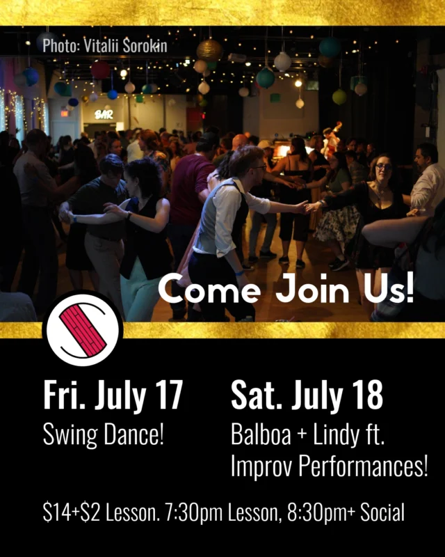 Join us Sat to dance Bal, Lindy Hop, and see the improv performances! Drop in lesson on Sat will be Balboa (w/ Jill and Chris!). Fri will be Lindy Hop

730pm beginner drop in lesson
830pm social dance
'round midnight ends

Admission:
$14+$2 lesson