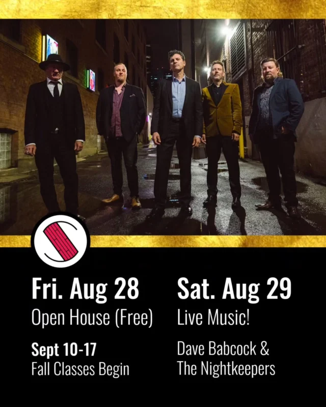 WE ARE BACK! After being host to 10 shows and 3 weeks of craziness, we're ready to jump back into dancing with our Open House event (free mini classes and social dancing) and then live music on Saturday with a new band. Look forward to a mix of blues, jump blues, jazz and swing this night with Dave Babcock and the Nightkeepers, which will include Rooster Davis from PLEX!

Dave Babcock and the NIGHTKEEPERS - Biography
Led by renowned Edmonton saxophone player and singer Dave Babcock, the Nightkeepers offer a new take on a vintage sound in the Canadian blues scene! Inspired by the classic blues and soul artists topping the R&B charts in the ‘50s and ‘60s, the Nightkeepers are known for
their decidedly ‘uptown’ jump blues style and high energy shows. Their tight five-piece lineup features Dave Babcock’s soulful voice and sultry saxophone, Alex Herriot’s fiery guitar, the driving keyboards of Rooster Davis, anchored by the rock solid feel of bassist Harry Gregg and drummer Jamie Cooper.