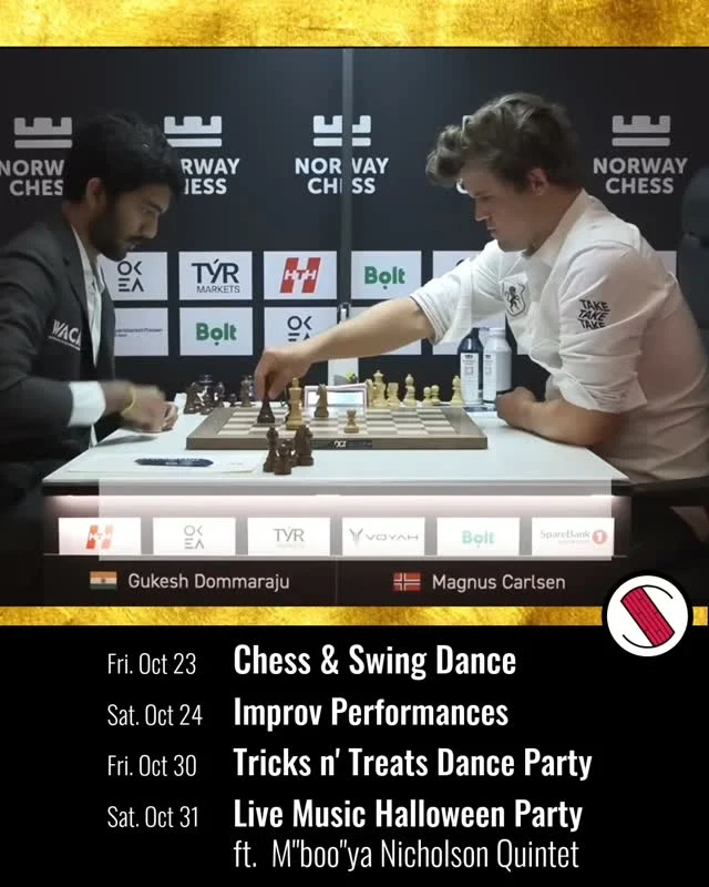 Tonight is Chess Night! Dance a few songs, play a few moves, repeat. Tomorrow is the improv performances too! Be sure to come check this out!

Fri. Oct 23 - Chess & Swing Dance
Sat. Oct 24 - Improv Performances
Fri. Oct 30 - Tricks n’ Treats Dance Party
Sat. Oct 31 - Live Music Halloween Party ft. M"boo"ya Nicholson Quintet

Two weekends, four nights, plenty of reasons to come out. Details and tickets, link in bio.

Video: Gukesh Dommaraju vs. Magnus Carlsen, Norway Chess 2026.

10019 80 Ave NW Edmonton AB, Sugar Swing